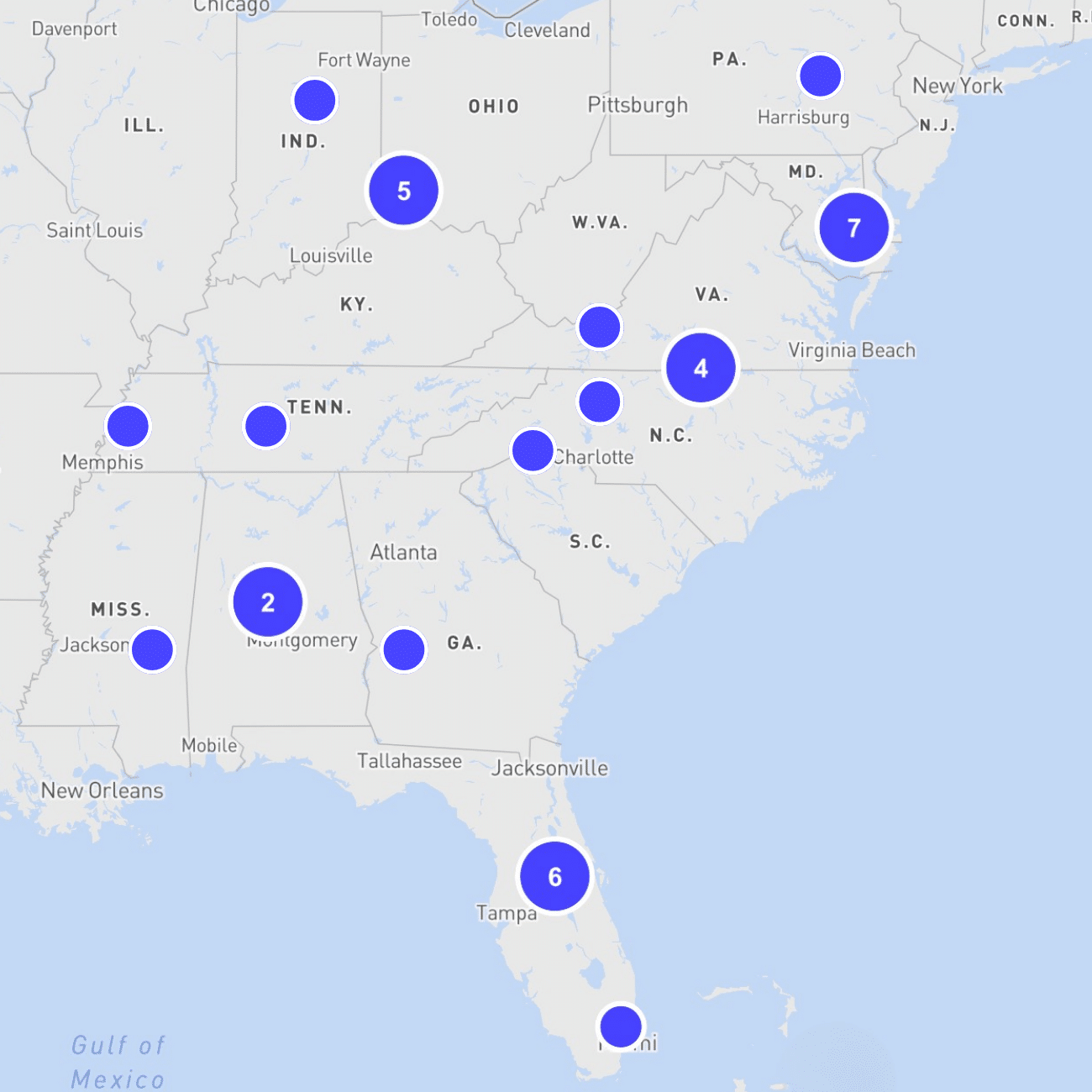 Mobilize Map Map of Eastern US with blue dots marking areas where gleaning events are common